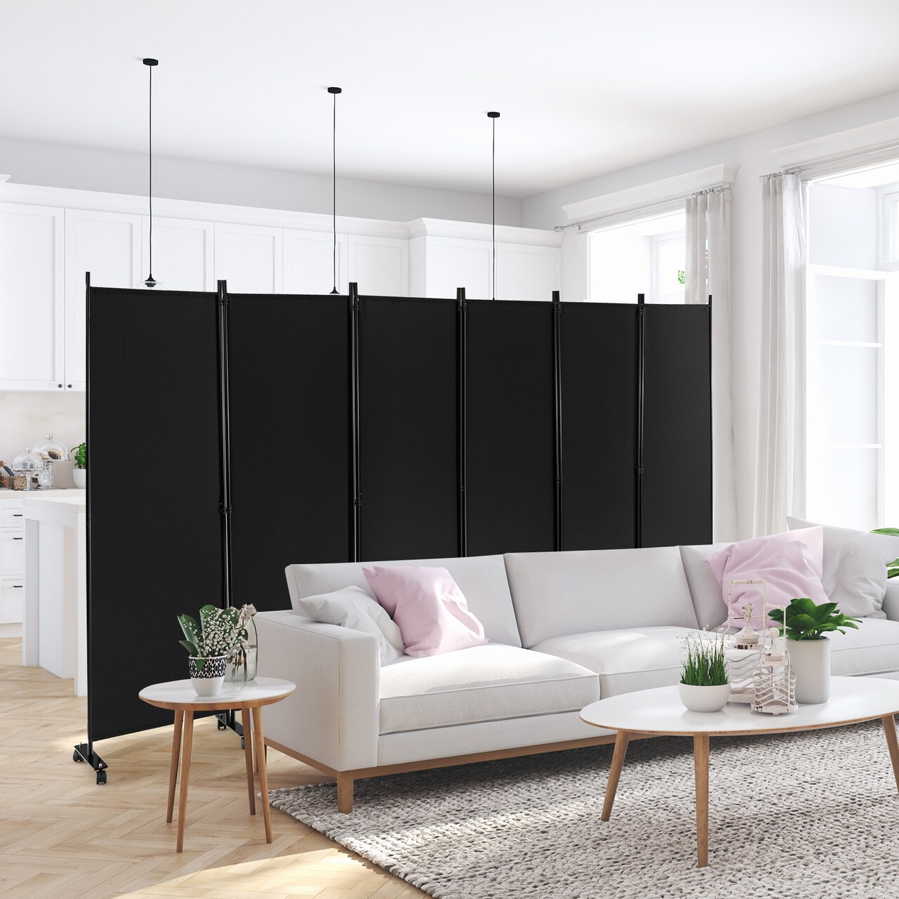 6-Panel Black Polyester Room Divider with Lockable Wheels Portable Privacy Screen for Bedroom and Office